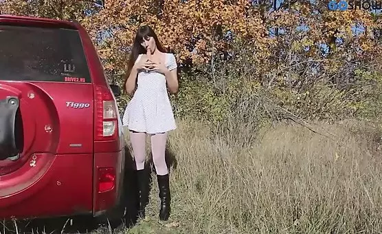 Fucking Outdoors with CarAttached Dildo and Horny LongLegged Woman